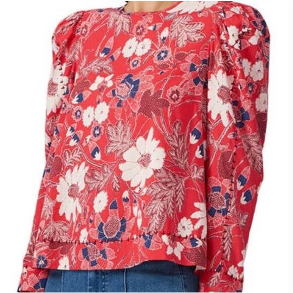 ULLA JOHNSON | Terese Red Floral Cotton Puff Sleeve Blouse | Size 6 - Picture 1 of 9